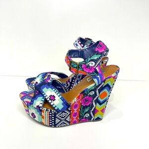 Steve Madden Women’s 9.5 Winonna Multicolor Floral Aztec Open Toe Wedge Heels